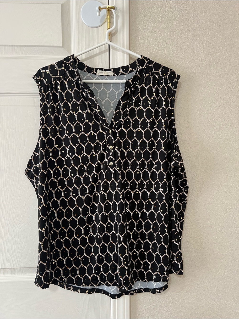 Joie de Vivre Black Gold Geometric Print Sequin Blouse 3X